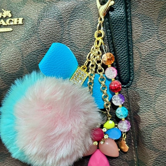 Colorful Pom Pom bag backpack Charm upcycled jewelry,one of the kind unique gift - Picture 2 of 8